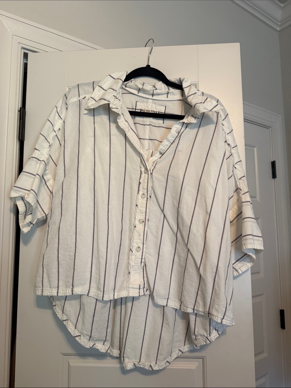 We The Free White Button-Up Shirt with Navy Stripes